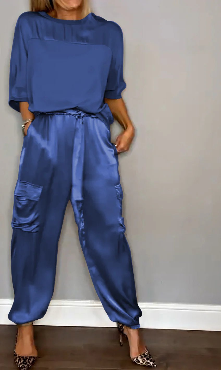 ?Smooth Satin Half-sleeved Top and Pants Set?