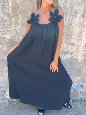 ?Sukienka damska w jednolitym kolorze z kwiatowym wzorem i dekoltem w kształcie litery U