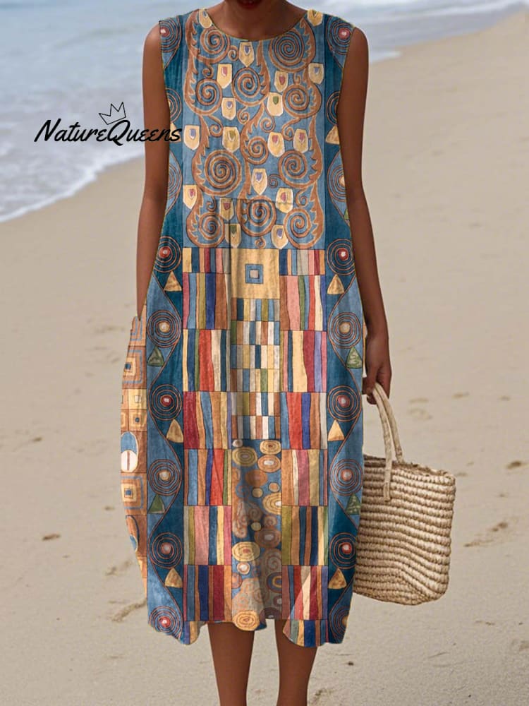 Women's Abstract Geometric Pattern Art Print Sleeveless Cotton Pocket Wrap Dress