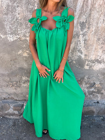 ?Sukienka damska w jednolitym kolorze z kwiatowym wzorem i dekoltem w kształcie litery U