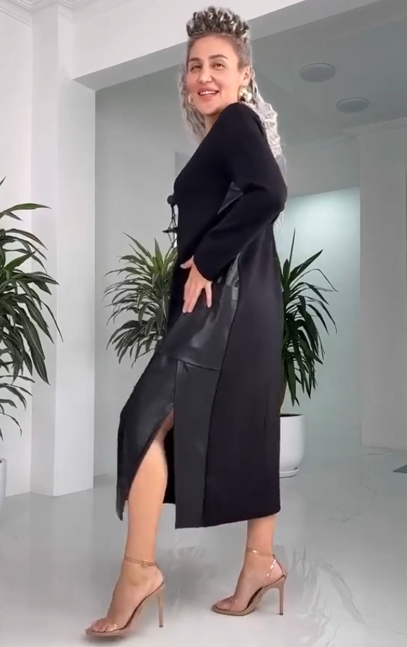 Damska swobodna luźna skórzana sukienka z kieszeniami