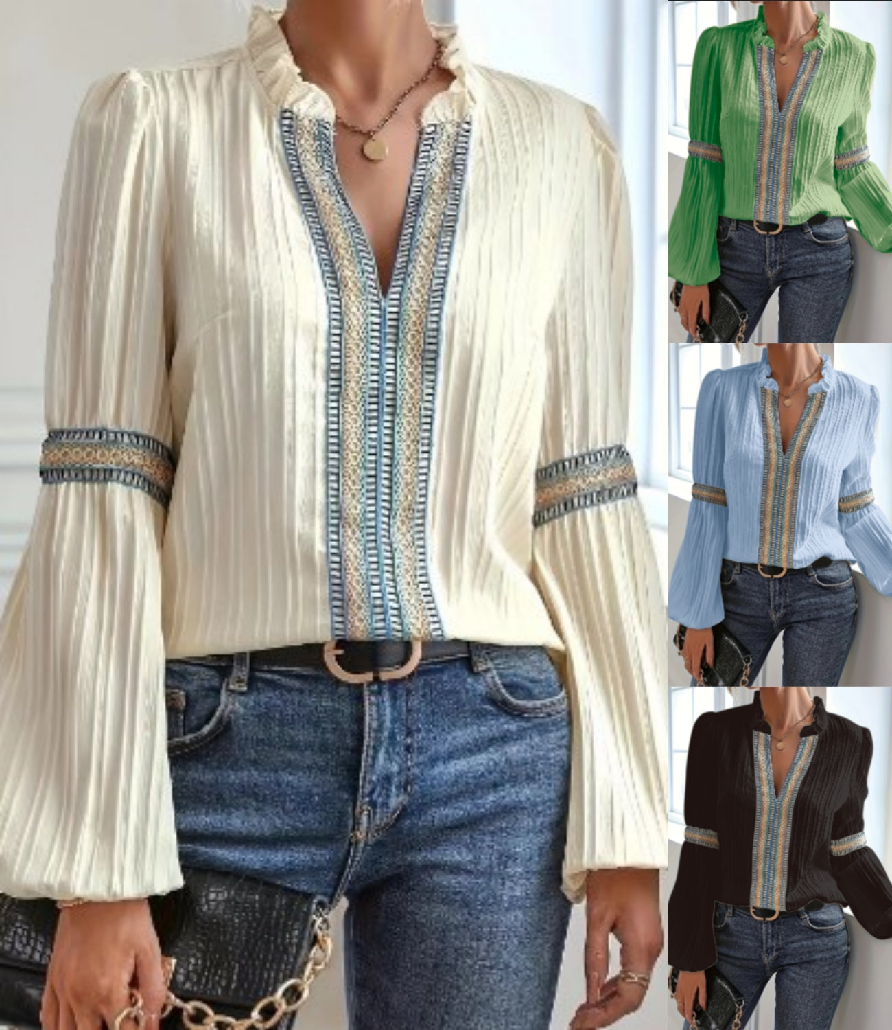 ?Prosta koszula z dekoltem w serek i koronkowymi rękawami typu latarnia