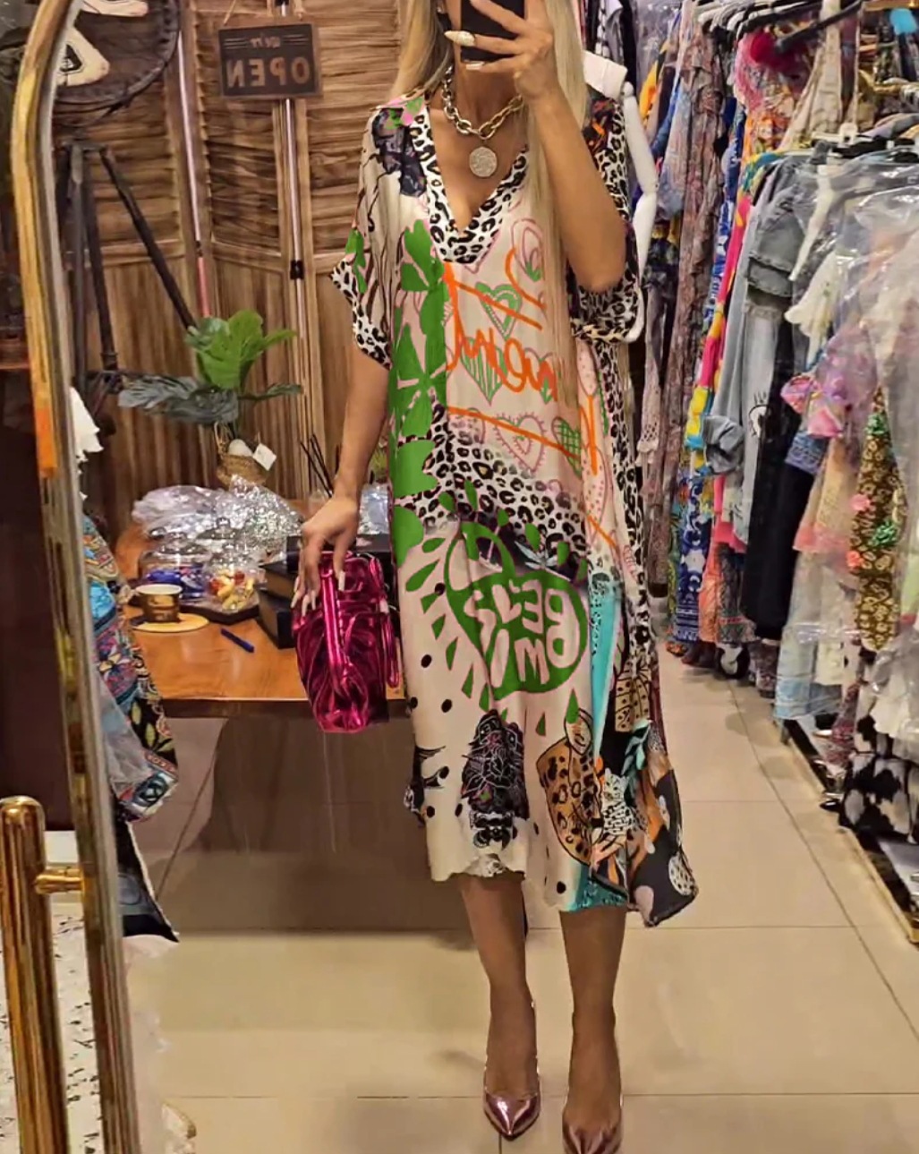 Casual Leopard Colorful Print Deep V Dress