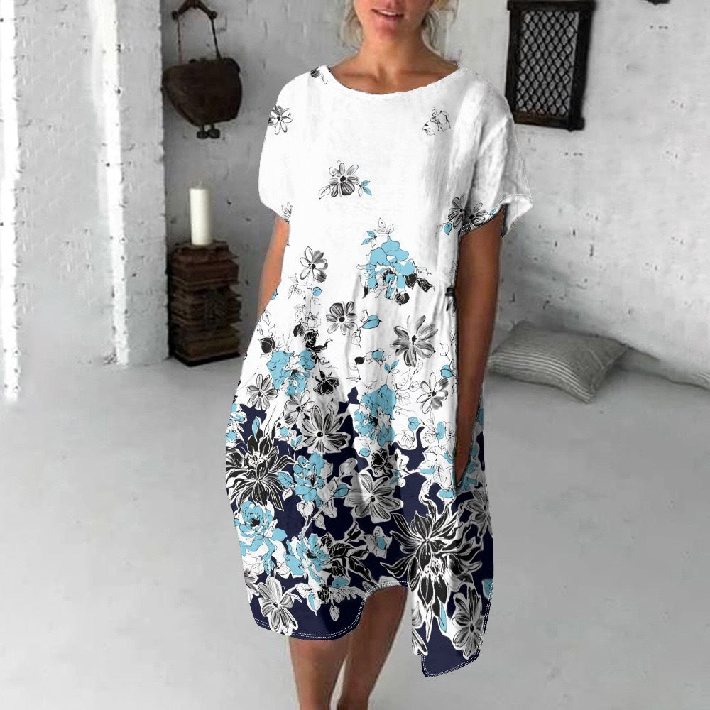 Damska sukienka z krótkim rękawem i nadrukiem, swobodna i wygodna