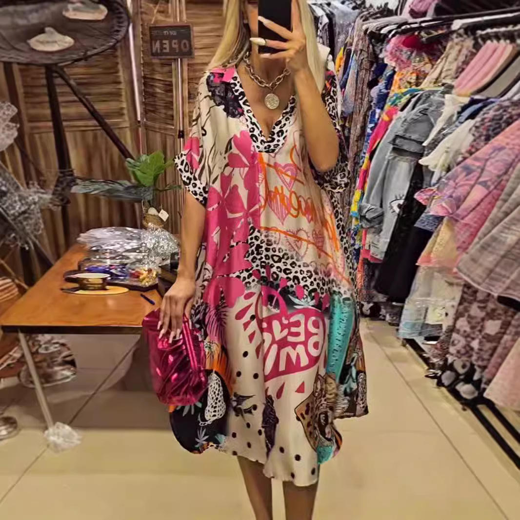 Casual Leopard Colorful Print Deep V Dress