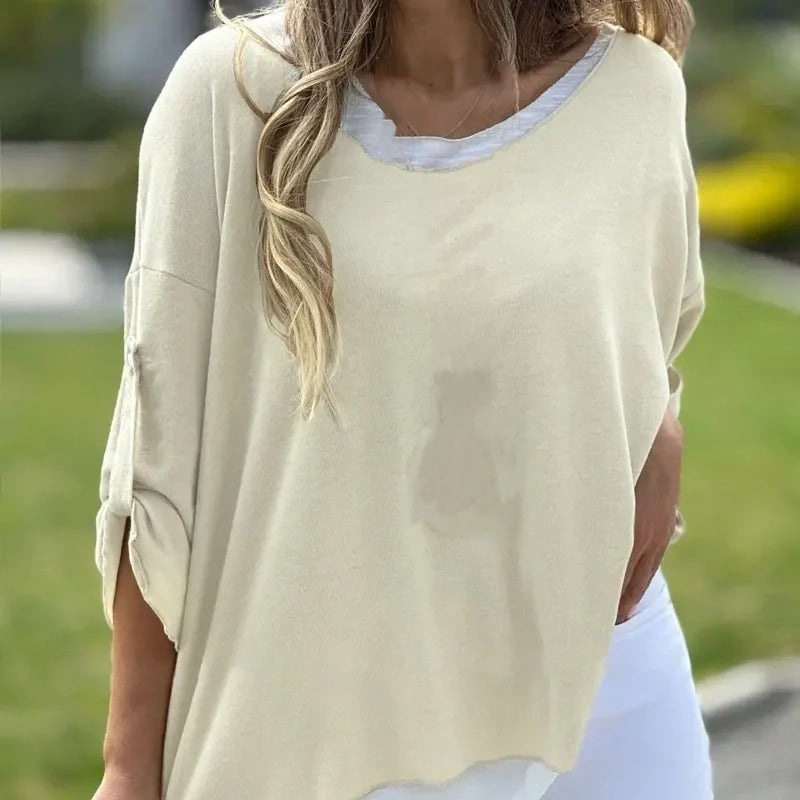 Bluzka damska w jednolitym kolorze, stylowa, swobodna, z długim rękawem i okrągłym dekoltem, regularna