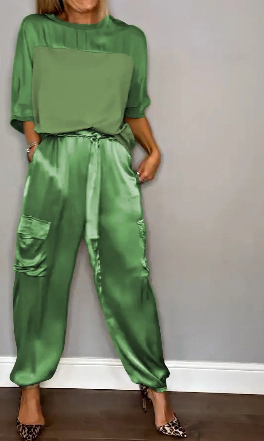 ?Smooth Satin Half-sleeved Top and Pants Set?
