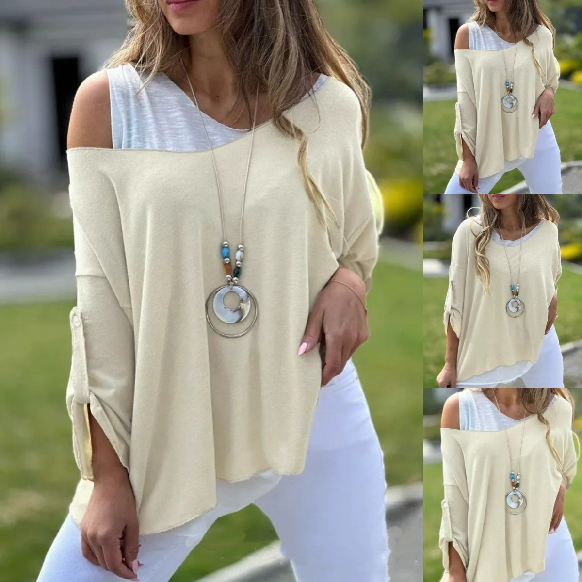 Bluzka damska w jednolitym kolorze, stylowa, swobodna, z długim rękawem i okrągłym dekoltem, regularna