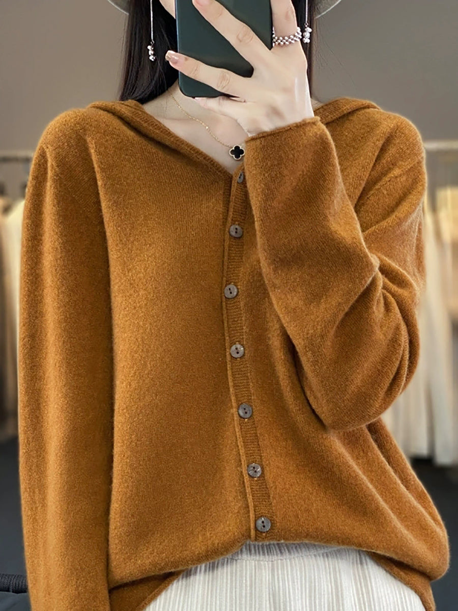 Women Autumn Casual Knitted Wool Hooded Sweater Coat