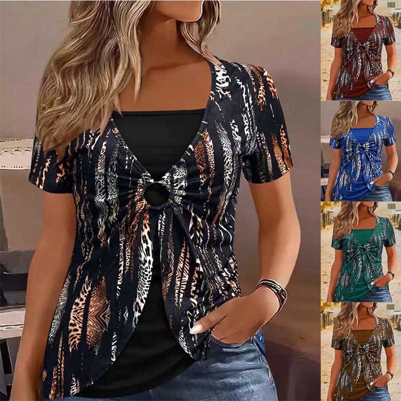 Fake Two Piece Ethnic Short Sleeve Shirt