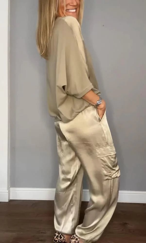 ?Smooth Satin Half-sleeved Top and Pants Set?