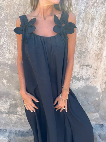 ?Sukienka damska w jednolitym kolorze z kwiatowym wzorem i dekoltem w kształcie litery U