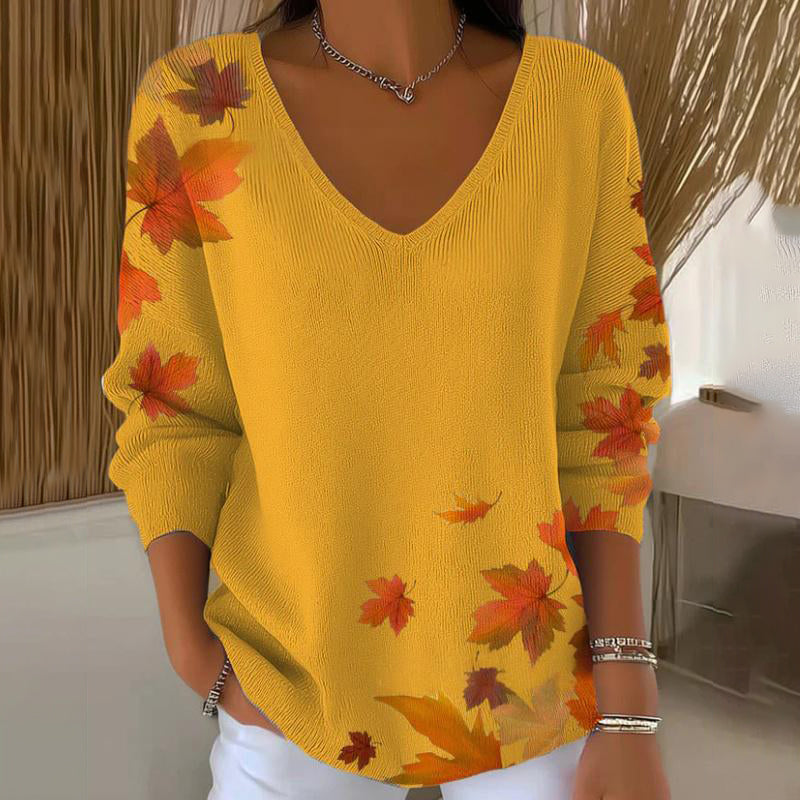 Long-sleeved V-neck top with print