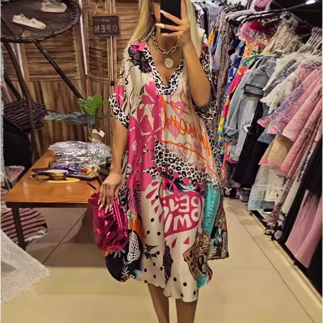 Casual Leopard Colorful Print Deep V Dress