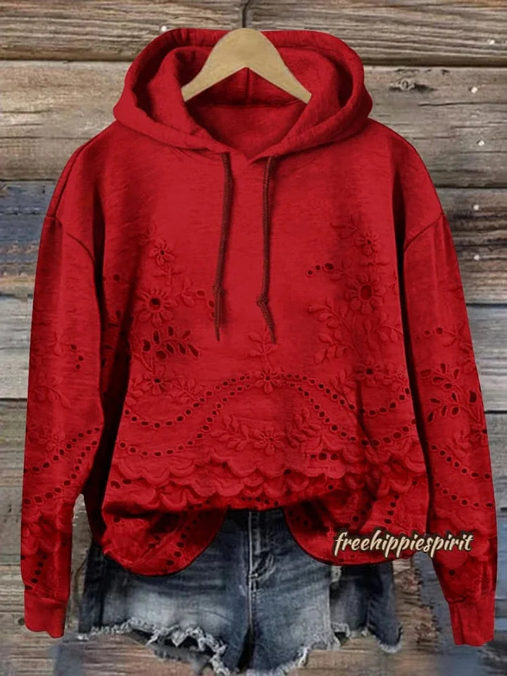 Damska bluza z kapturem i kieszeniami, z teksturą i kwiatowymi wzorami, w stylu casual