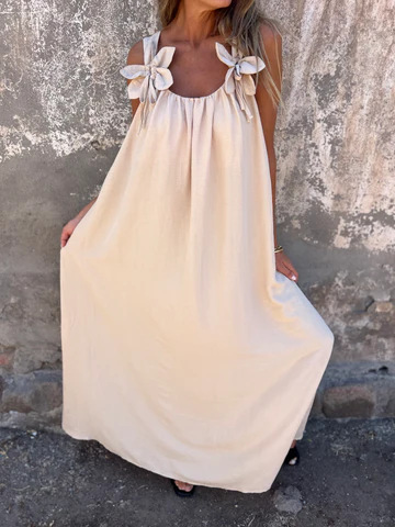 ?Sukienka damska w jednolitym kolorze z kwiatowym wzorem i dekoltem w kształcie litery U