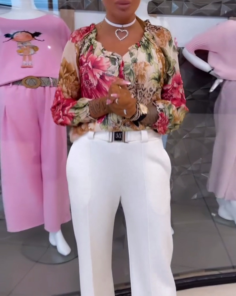 Printed V-neck casual fashion chiffon shirt