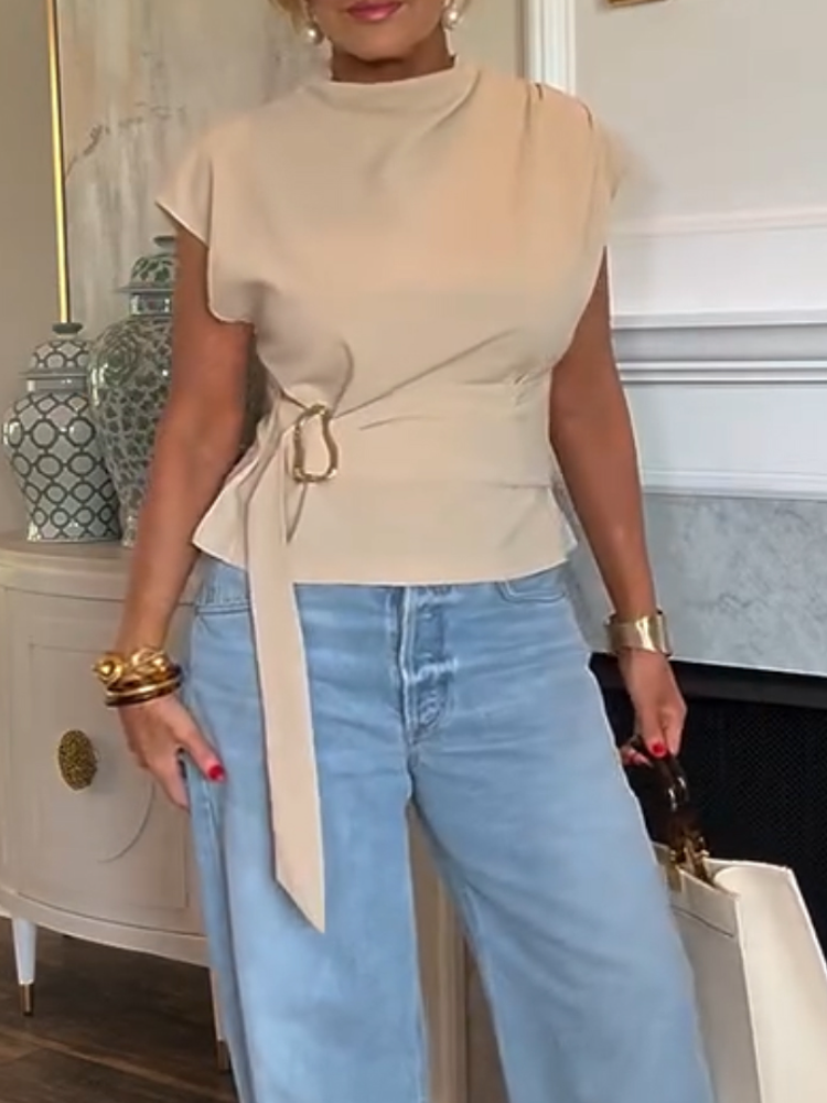 Damski top casualowy z okrągłym dekoltem i metalową klamrą