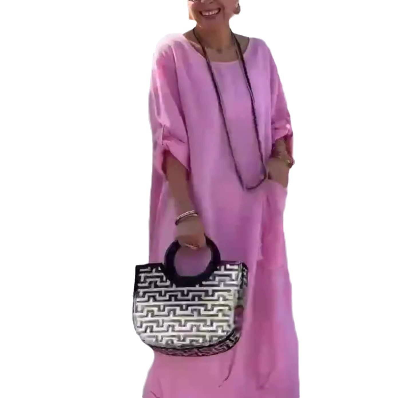 Długa sukienka w jednolitym kolorze, swobodna, z okrągłym dekoltem i kieszeniami