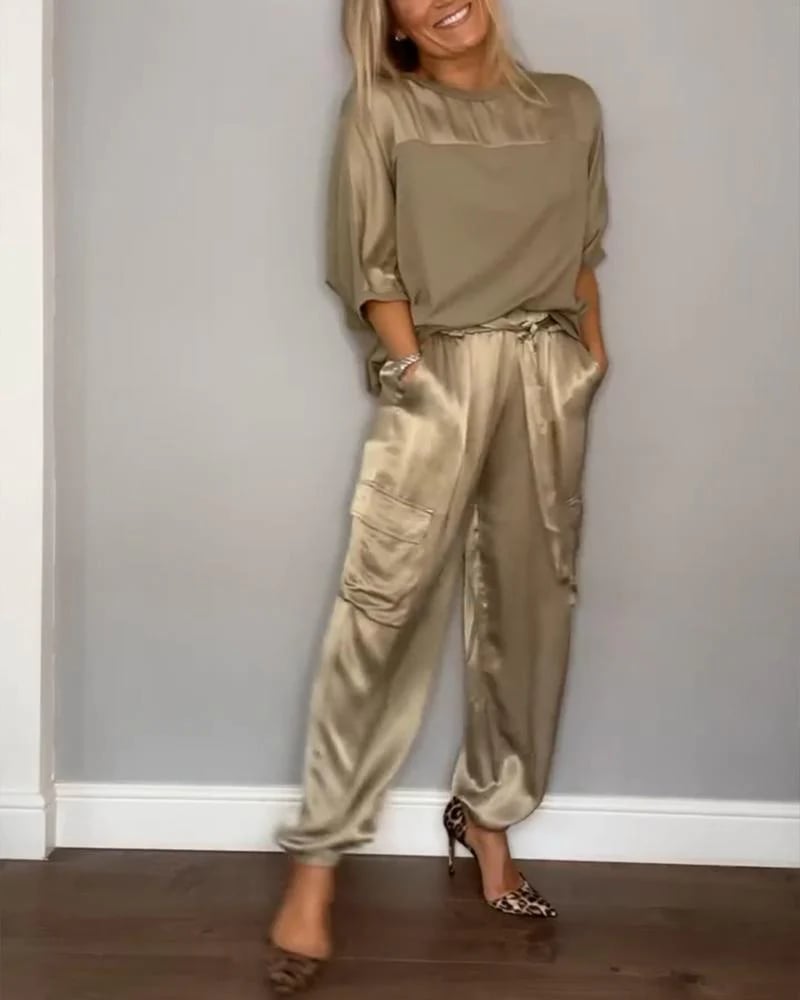 ?Smooth Satin Half-sleeved Top and Pants Set?
