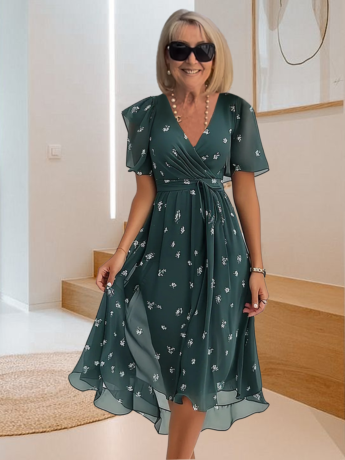 V-neck simple printed casual dress