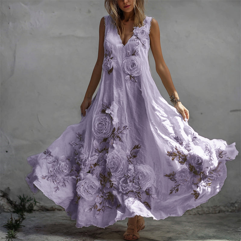 Sukienka maxi z lnu w stylu vintage z białymi różami i wzorem włókienniczym